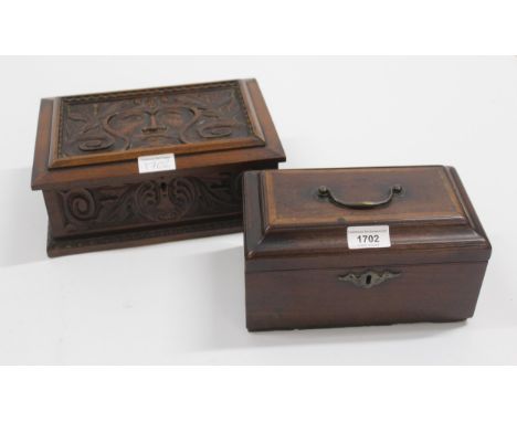 Early 19th Century mahogany tea caddy with brass carrying handle, together with a carved 20th Century wooden box with maskhea