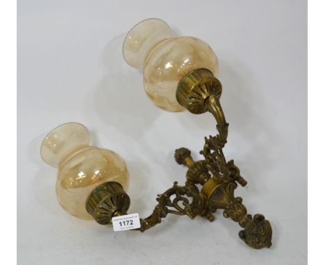 Mid 20th Century gilt brass lamp standard with cherub form base, together with a set of four modern wall lights with glass sh