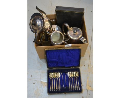 Cased set of twelve silver plated teaspoons with matching tongs, together with a quantity of other miscellaneous silver plate