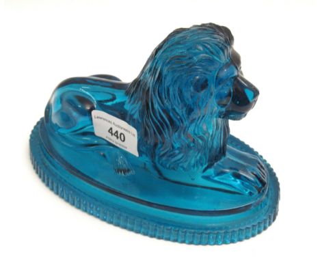 John Derbyshire, 19th Century blue pressed glass paperweight in the form of a lion