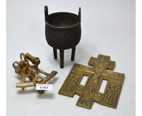 Reproduction brass sextant, a brass icon and a small patinated metal censerGood condition to all pieces, no damage or problem