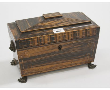 19th Century coromandel sarcophagus shaped three division tea caddy on cast metal lions paw feet, 31cm wideSome losses to inl