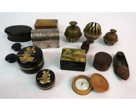 Circular treen box inset with a compass, together with a quantity of various other boxes, brass temple bells and sundries