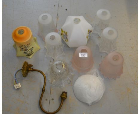 Brass gas bracket adapted for use with electricity, together with a quantity of various gas light shades and a pair of wrough