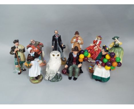 A collection of nine Royal Doulton figures, The Old Balloon Seller HN1315, The Balloon Man HN1954, The Laird HN2361, Falstaff