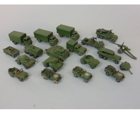 Collection of Dinky Military vehicles including two army wagons 621, cargo truck 641, 2 armored cars 670, medium gun 692 and 