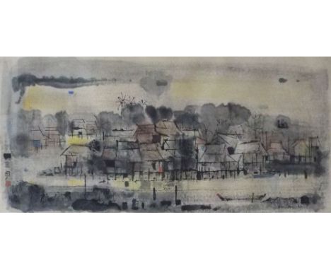 Cheong Soo Pieng (20th century Chinese) - The Grey Village, coloured print with character and seal marks, 45 x 92cm, framed