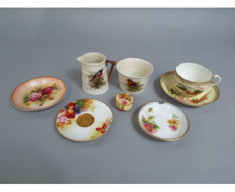 A collection of Royal Worcester wares including a coopered jug with painted decoration of a redstart, signed A Holford, 7.5cm
