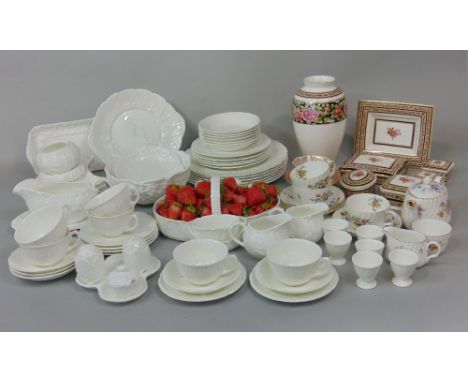 A collection of Wedgwood Countrywares with white glazed leaf moulded finish including strawberry basket with integral cream j