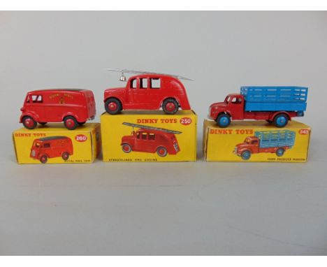 Three Dinky Toys including Streamlined Fire Engine 250, Royal Mail Van 260 and Farm Produce Wagon 343 all with original boxes