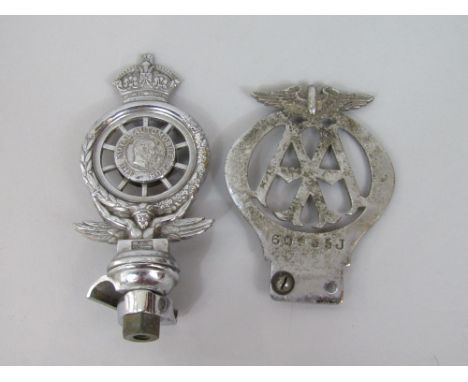 The Royal Automobile Club chrome car mascot with enamel union jack, wreath and crown; together with a further AA car badge (2