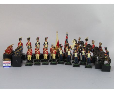 A 'Waterloo' chess set, with painted detail on square cut bases, complete; together with a collection of four various bisque 