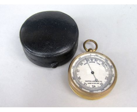 Good quality gilt brass cased pocket barometer/altometer, the silver dial inscribed Griffin &amp; George Ltd, Made in England