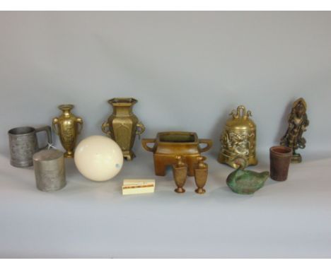 A box containing a collection of eastern metalware to include a bronze and gilt metal figure f a Buddistic deity, a cast bron