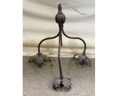 An art nouveau/crafts brass three branch hanging ceiling light/electrolier with foliate detail