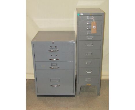 A light steel floor standing filing cabinet enclosing a tower of 10 index drawers of varying depth, together with a Bisley fo