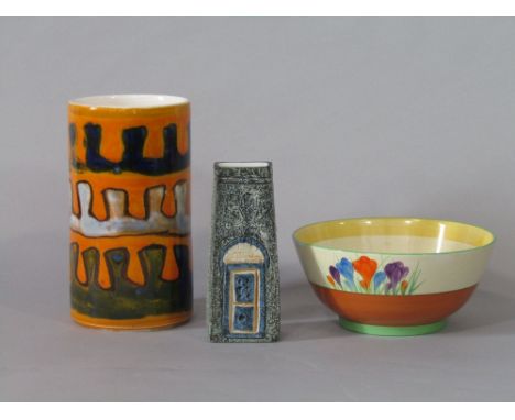 A Troika vase of four sided tapering form with abstract style decoration and painted mark to base and initials SL, 17.5cm tal