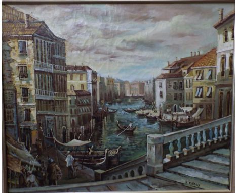 R Millano (20th century continental school) - Busy Venetian canal scene and 18th century style continental river scene with f