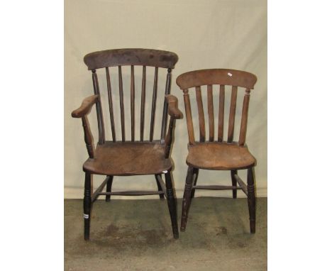 A Windsor stained elm and beechwood stick back elbow chair together with a further Windsor lathe back dining chair (2)