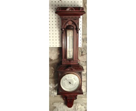 Edwardian walnut barometer thermometer, with silvered back plate and architectural case, 67 cm high