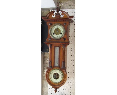 Good quality twin train wall clock barometer thermometer with typical architectural case, the twin train dial with enamelled 