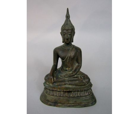 Chinese cast bronze Buddha-Vista figure seated in a lotus position, 18cm high