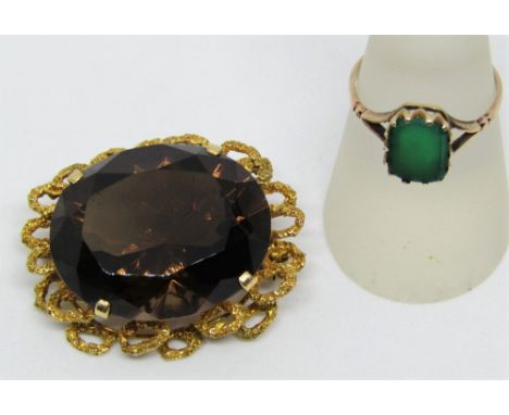 Vintage 14k smoky quartz brooch with stylised frame, maker WK, together with an antique 9ct ring set with a green hardstone p