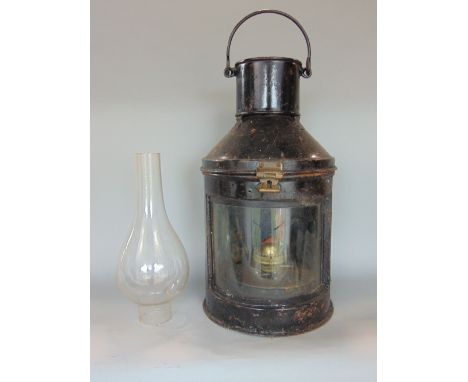 A painted tin cased ships lantern, 40cm high, together with a further baluster interior chimney (2)