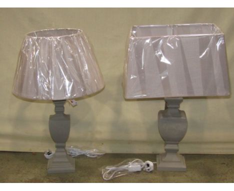 Two similar Nordic style London wooden baluster/urn shaped table lamps with light grey painted finish complete with shades