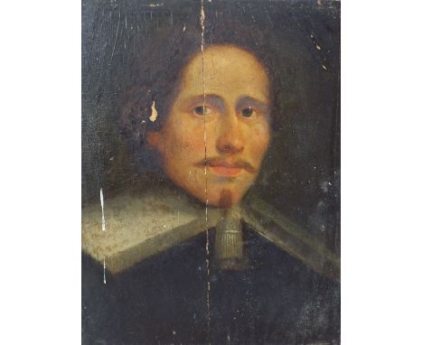 17th century British school - shoulder length portrait of a man in white collar, oil on wooden panel, unsigned, 43 x 34 cm, u