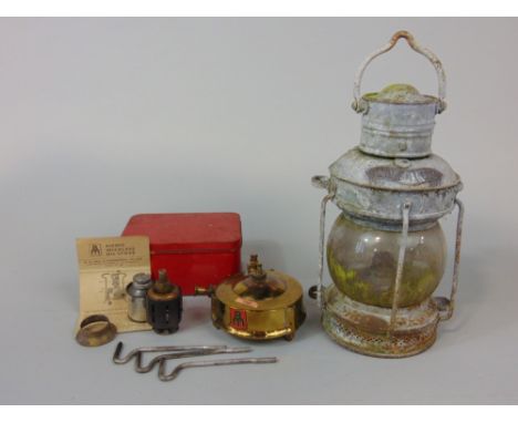 Ships Lantern, inscribed Anchor, with picnic set 'Picnic Wickless on Oil Stove' with instructions (2)