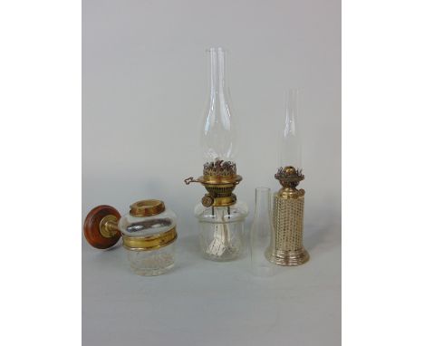 Oil lamp with cut glass font and Hinks Duplex burner No 2 and Duplex chimney together with a further cut glass font with wall