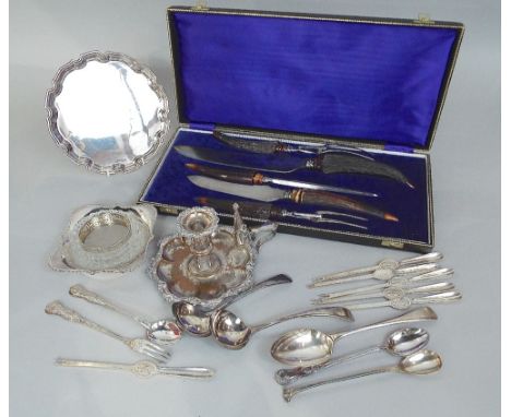 Mixed collection of silver plate to include a cased horn carving cutlery sets, a lantern, a waiter, a collection of lobster p