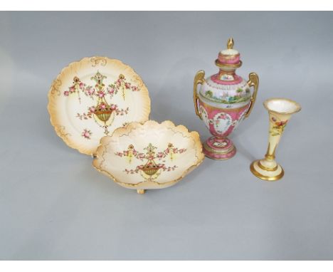 A Royal Worcester ivory ground vase of flared form with painted poppy and other wild flower detail, with purple printed mark 