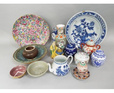 A Chinese blue and white teapot in the Kangxhi manner (missing cover) together with further oriental ceramics including a 19t