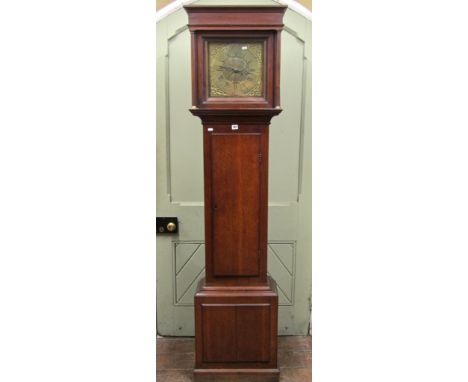 A Georgian oak longcase clock, the hood enclosing an 11 inch square brass dial with subsidiary calendar dial and 30 hour stri