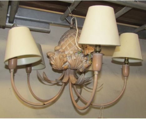 A contemporary five branch painted light metal hanging ceiling light in the form of a pineapple