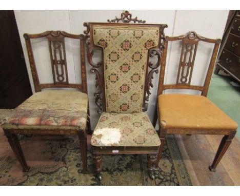 A pair of 19th century Dutch marquetry side chairs with pierced splats upholstered  seat and on square tapering supports, wit