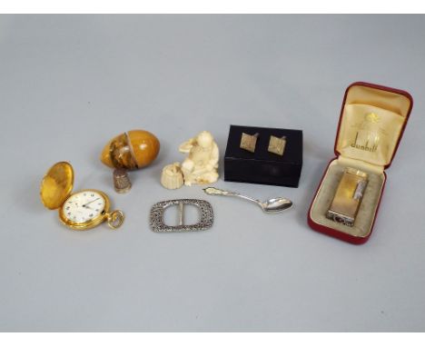 A Swiss full hunter pocket watch, Dunhill lighter and box mauchline ware egg shaped thistle case, oban, etc