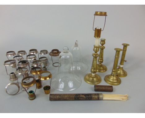 2 pairs of brass ejector candlesticks with brass gun barrel sticks, a collection of candle shade holders, 16 in all, some pai