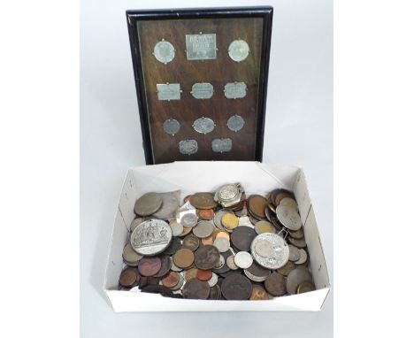 Mixed collection of English and foreign coins WWI Glos Regiment cigarette lighter, etc, together with a framed collection of 