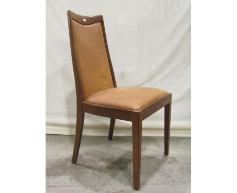 A set of six teak framed dining chairs (probably G-Plan) with light brown upholstered drop in seats and padded backs, raised 