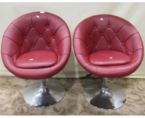 A pair of contemporary but retro style stitched button faux leather upholstered swiveling and adjustable cone or bucket shape
