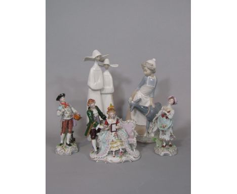A Lladro Daisa group of a pair of nuns, a Nao group of a girl with a goat, a continental figure group of an 18th century styl