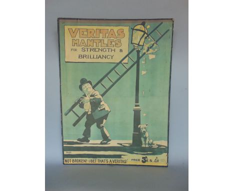 Vintage advertising sign for Veritas Mantels, illustrated with a gentleman carrying a ladder destroying a street lamp, 47cm x