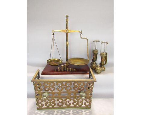 A good set of brass mahogany based balance scales together with a further pair of GWR brass carriage lamps, a pierced fire cu