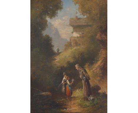 WILLY MORALT  München 1884- 1947 Lenggries: „Der Einsiedler“. Kinder überreichen einem Mönch vor seiner Klause einen Blumenst