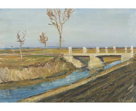 ANTON LAMPRECHT  Allershausen 1901 - 1984 München: Weite Landschaft mit Kanal. Oel auf Leinwand. Signiert. 60 x 86 cm. Schwac