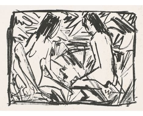OTTO MUELLER  Liebau 1874 - 1930 Breslau: Ein sitzendes und ein kniendes Mädchen unter Blättern. Lithographie 1920. Karsch 11