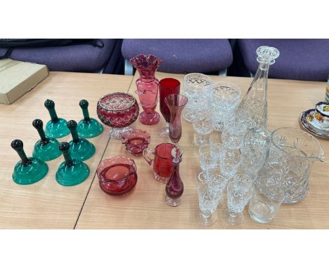 Selection of vintage and later glassware includes cranberry glass etc